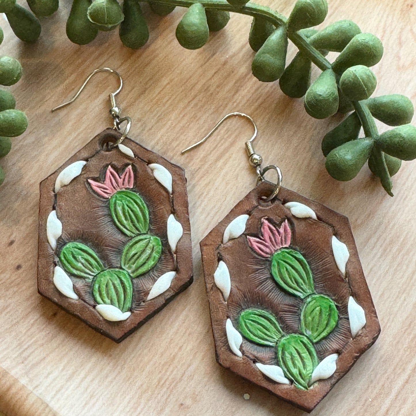 Genuine Leather Cactus Earrings