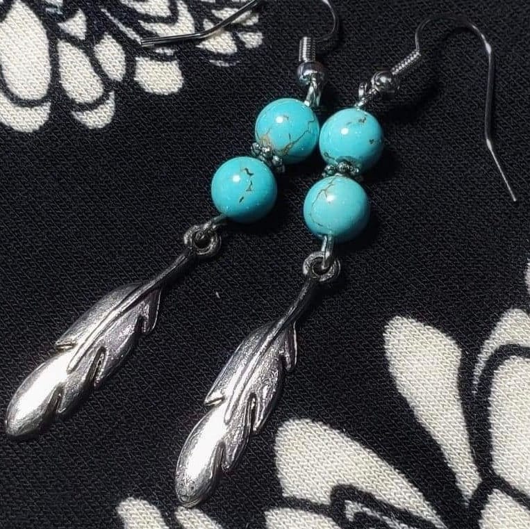 Silver Feather and Turquoise Earrings